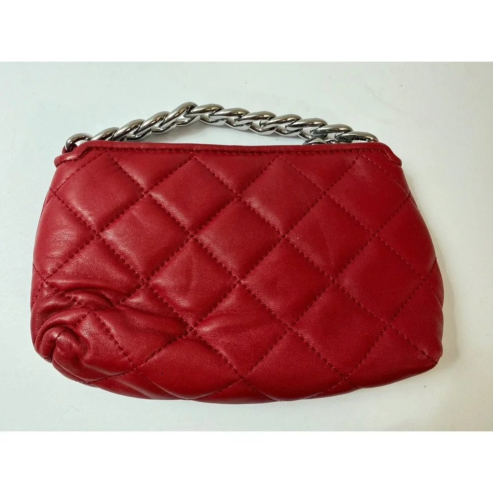 Michael Kors Red Quilted Leather Chain Pouch Clutch Wristlet Silver Hardware